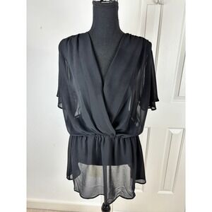 Ruby Ribbon Black Sheer Chiffon V-Neck Tunic Blouse Flutter Sleeve Large